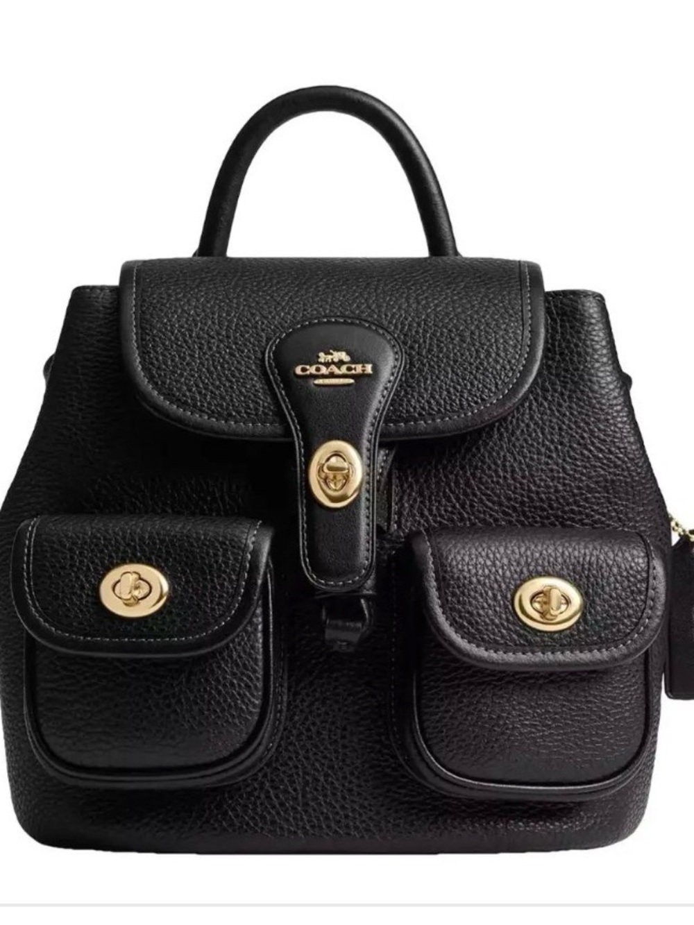 Coach Black Pebbled Leather Mini Backpack with Front Pocket Detail - Picture 3 of 4
